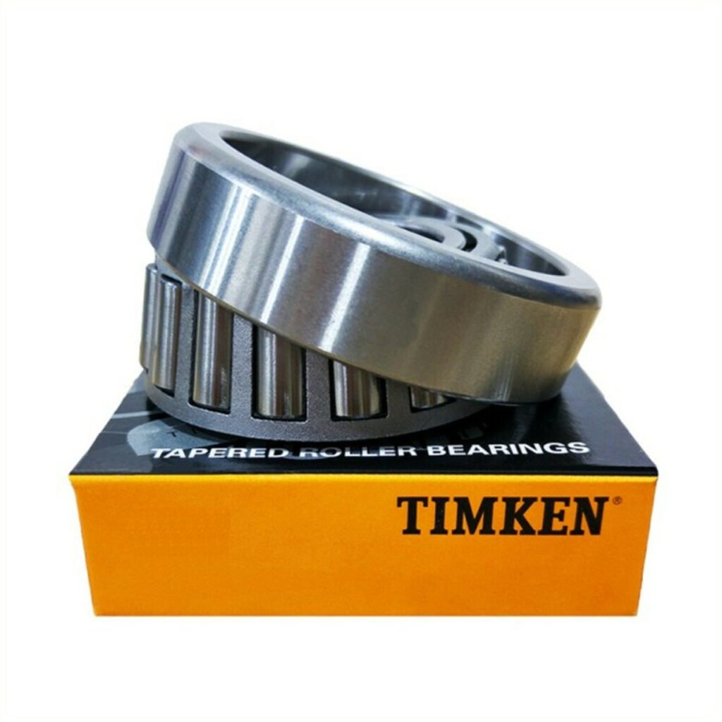 Timken tapered roller bearing cone and cup resting on a Timken branded box